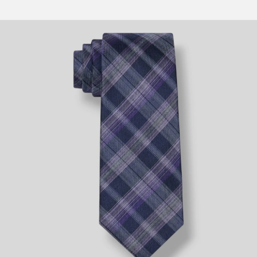 Calvin Klein Purple Blue Plaid 100% Silk Extra Long Neck Tie
